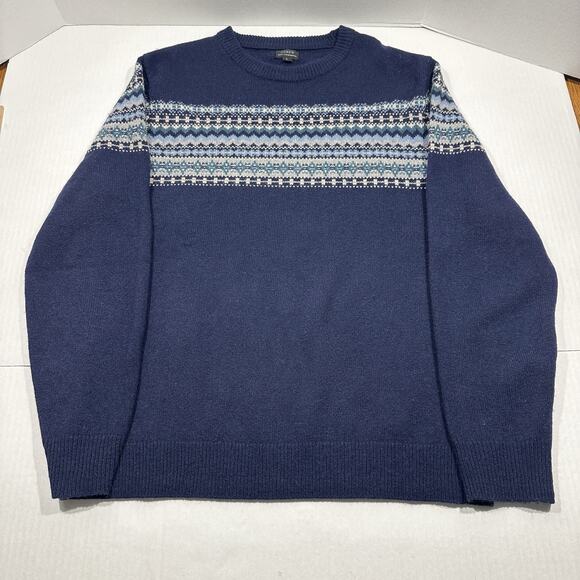 J.Crew Men’s Large 100% Lambswool Sweater Navy Fair Isle Pullover Crewneck Ski - Picture 1 of 8